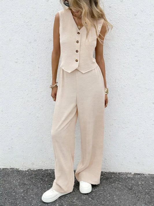 Button Up Vest and Wide Leg Pants Set