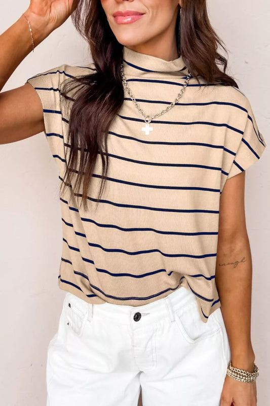 Stripe Mock Neck Short Sleeve Loose Top