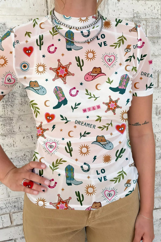 LOVE WILD DREAMER Western Print Sheer Mesh Top