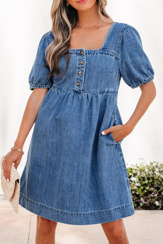 Button-Front Puff Sleeve Denim Dress