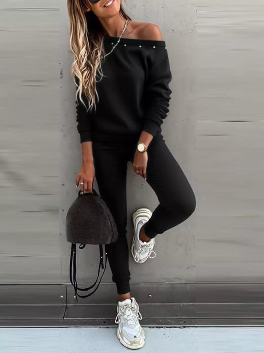 One-Shoulder Pearl Embellished Top and Pants Set
