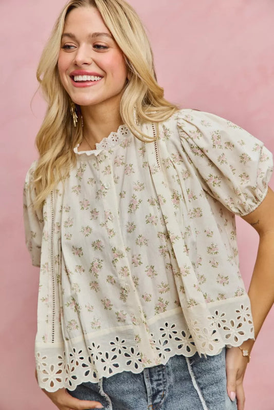 SO ME Floral Print Lace Trim Short Sleeves Blouse