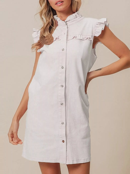 Ruffled Trim Button-Down Denim Dress