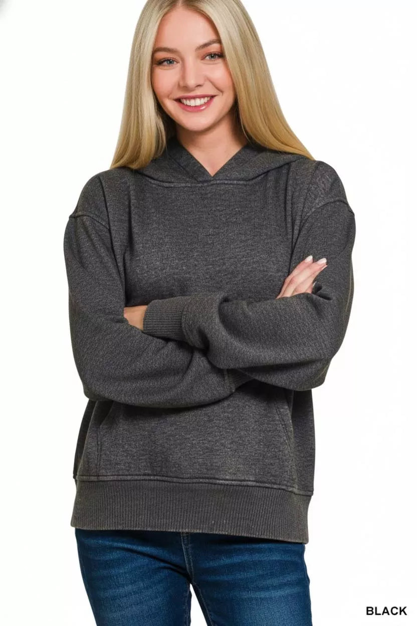 Zenana Fleece Acid Wash Kangaroo Pocket Hoodie