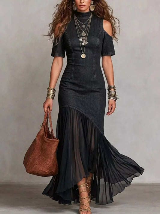 Mock Neck Cold Shoulder Ruffle Hem Maxi Dress