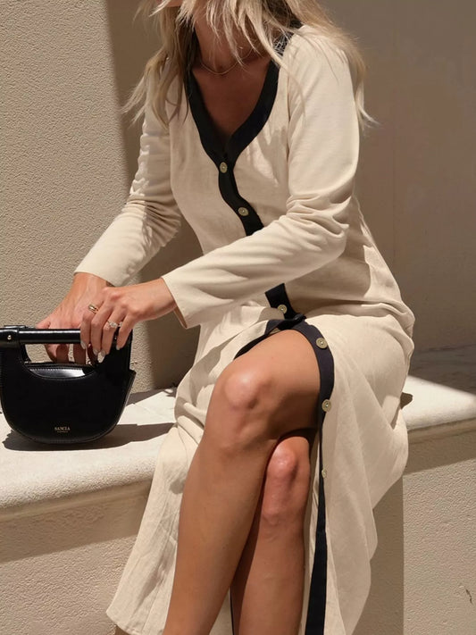 Contrast Trim Button-Down Midi Dress