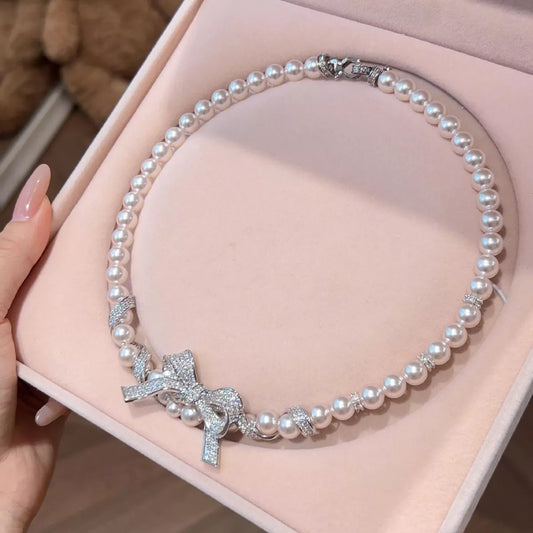 Pearl Necklace with Bow Pendant