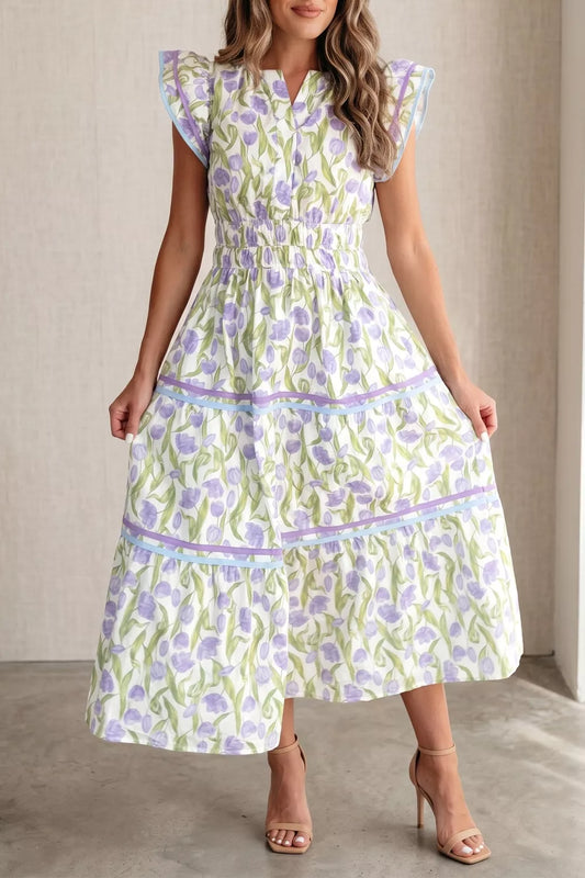 Floral Print Contrast Trim Midi Dress