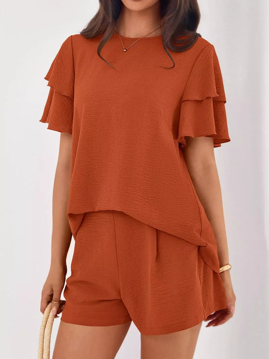 Ruffle Sleeve Top and Shorts Two-Piece Set