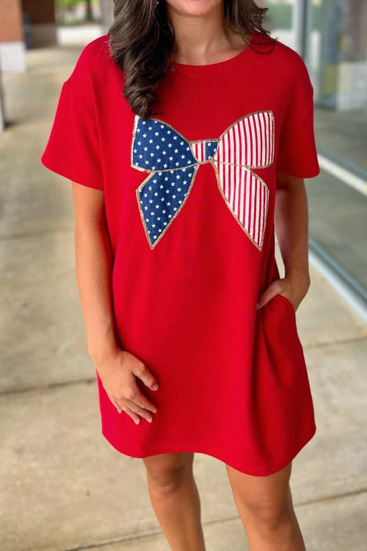 Sequin Trim Stars and Stripes Bow Patched T Shirt Mini Dress