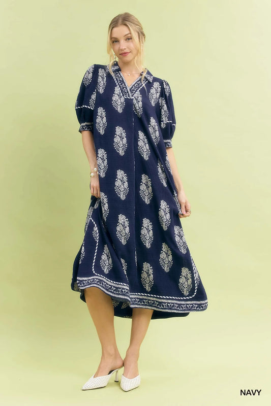 Umgee Border Print Collared Midi Dress
