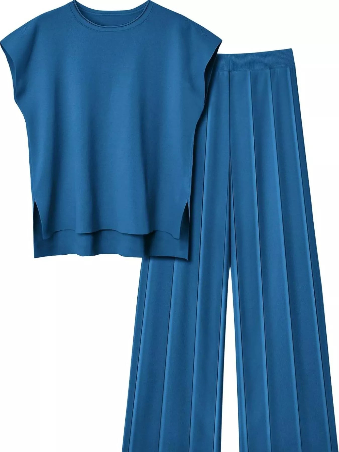 Casual Solid Color Cap Sleeve Top and Pants Knit Set
