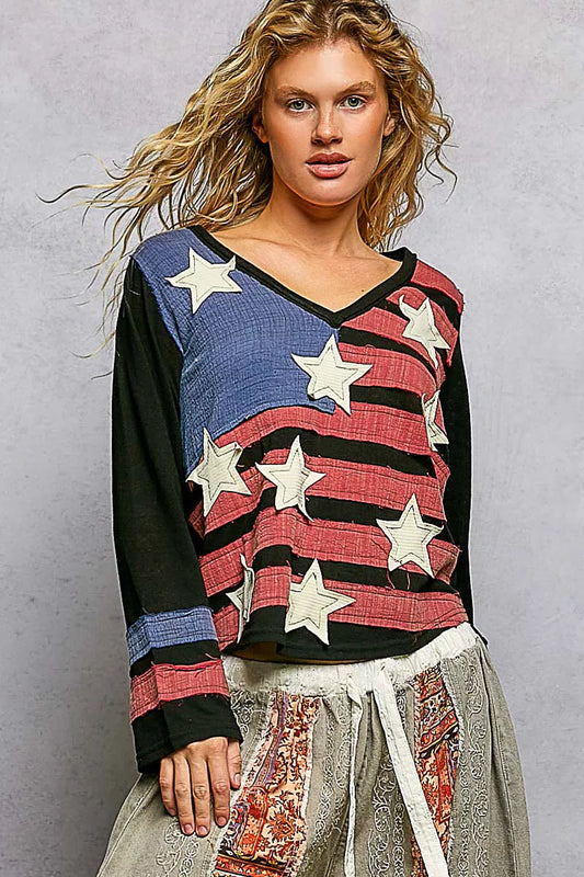 POL Double Gauze American Flag Patch V-Neck Long Sleeve T-Shirt