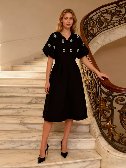 Embellished Puff Sleeve Midi Dress