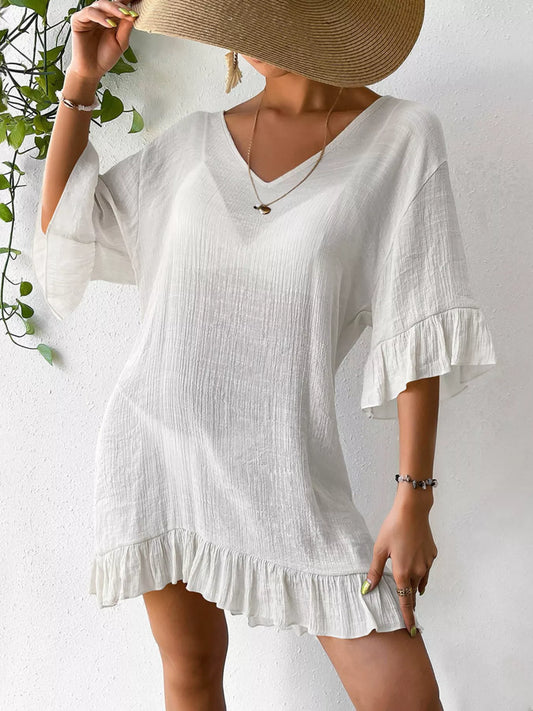 Ruffle Trim Butterfly Back V-Neck Cover-Up Dress