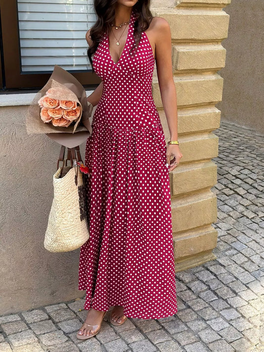 Polka Dot Halter Neck Maxi Dress