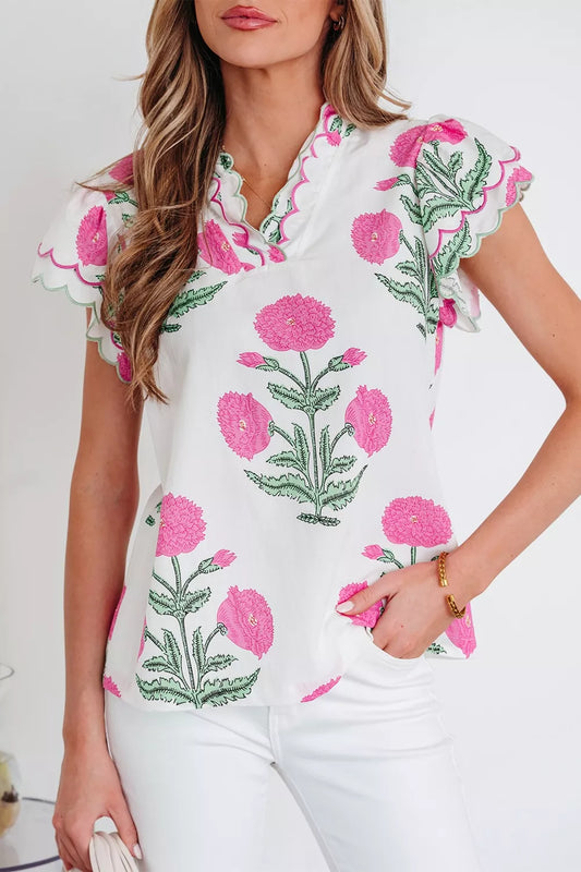 Contrast Scallop Trim Layered Short Sleeve V Neck Blouse