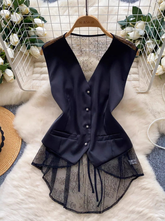 Lace Trimmed Button-Down Vest Coat