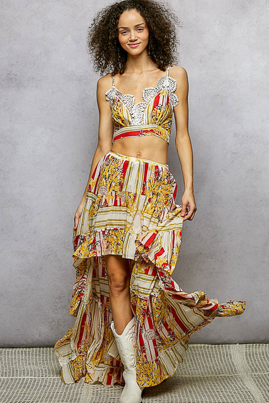 POL Boho Chic Floral Print Crop Top and High-Low Skirt Set