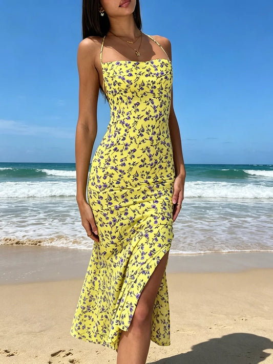 Floral Print Halter Neck Backless Slit Midi Dress