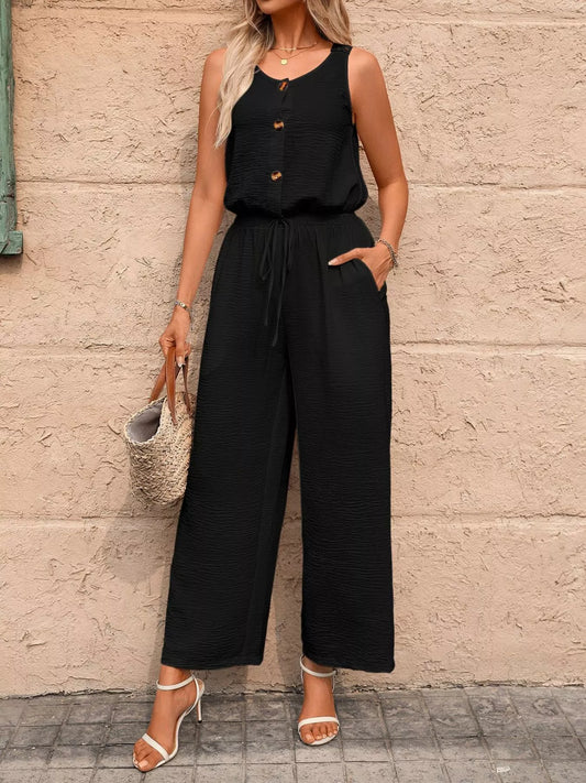 Sleeveless Button-Front Wide Leg Jumpsuit