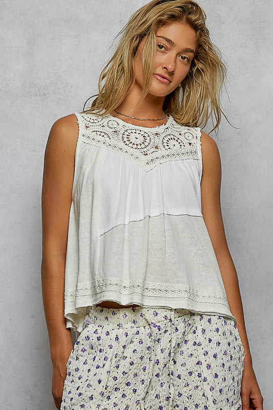 POL Round Neck Sleeveless Top with Crochet Contrast