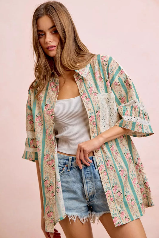 BiBi Eyelet Lace And Floral Mix And Match Shirt Top