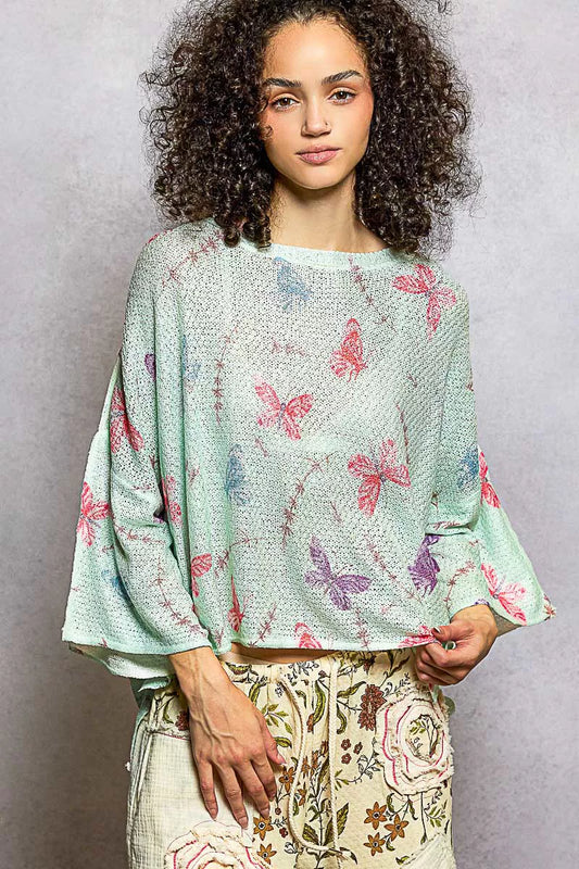 POL Butterflies Pattern Round Neck knit Top with Outseam Rolling Edge