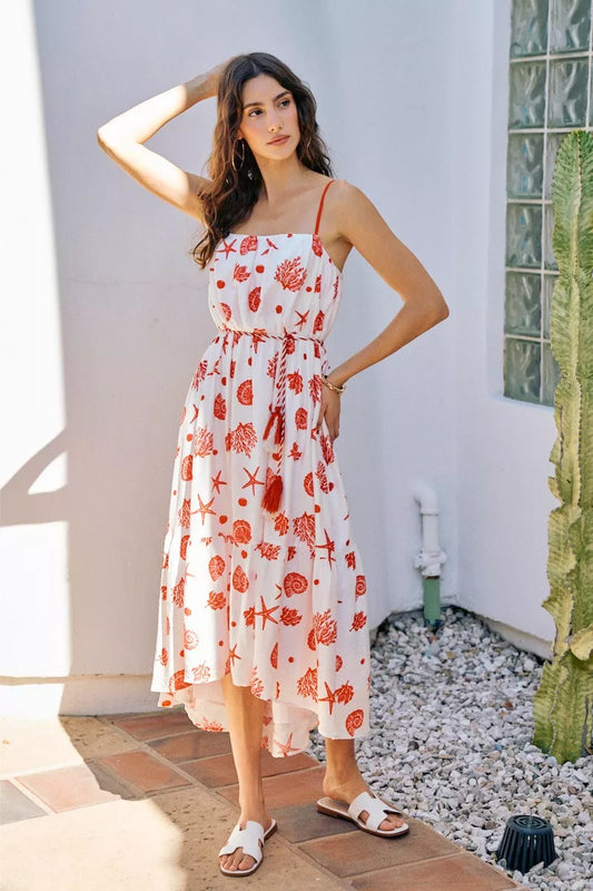 SO ME Shell Print Tiered Lined Midi Cami Dress With Belt