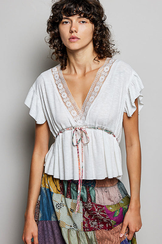 POL Tied Ruffled V-Neck Short Sleeve Blouse with Lace Detail