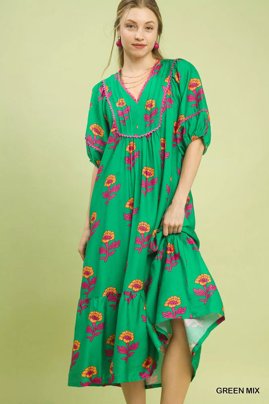 Umgee Floral Print Midi Dress
