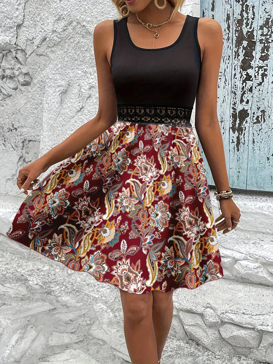 Printed A-Line Tank Dress with Lace Waist Detail