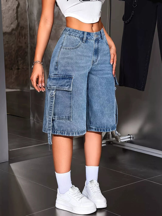 Loose Fit Cargo Denim Capris