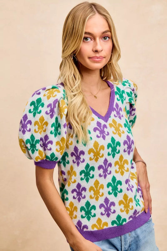 BiBi Mardi Gras Fleur De Lis Patterned V Neck Knit Top