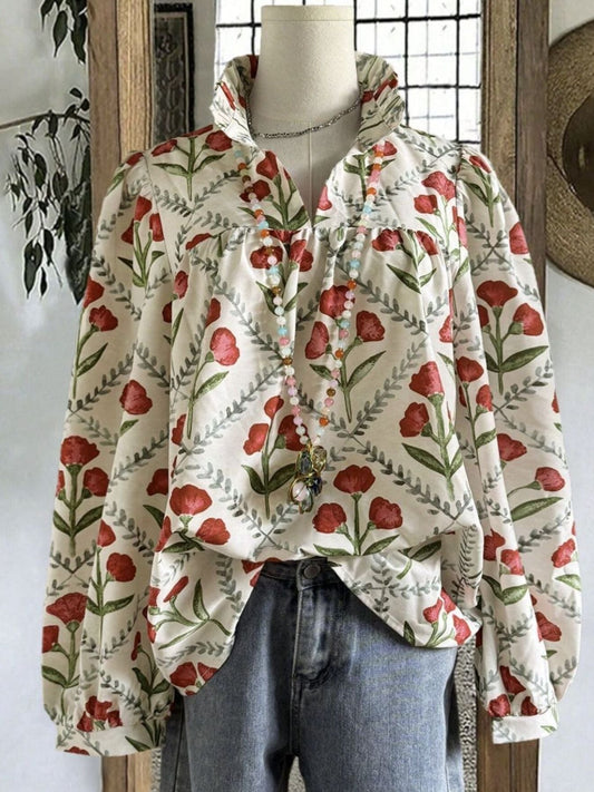 Floral Print High Collar Blouse