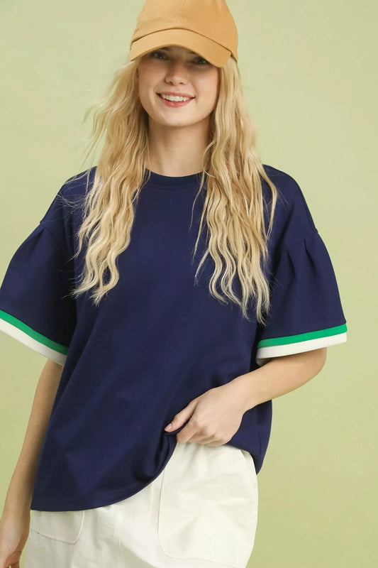 Umgee Contrast Trim Bell Sleeve Top