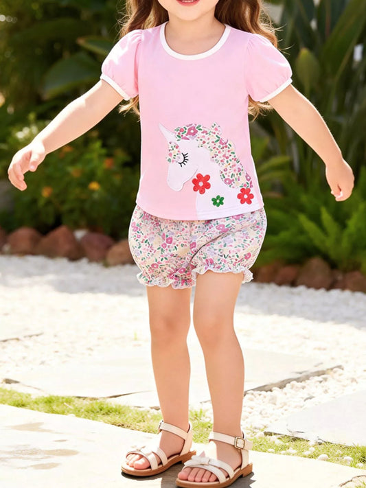 Children's Floral Unicorn Top and Shorts Set
