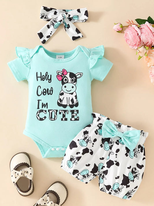 Children's Ruffled Cow Bodysuit and Shorts Set with Headband