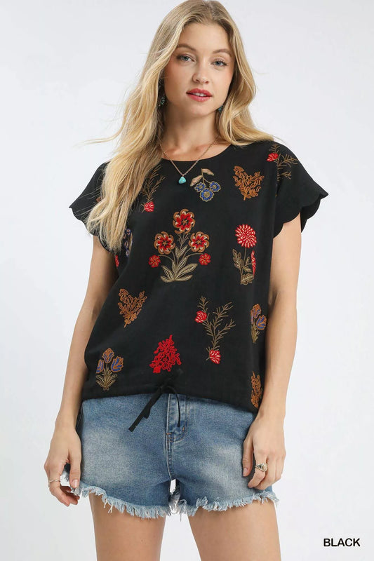 Umgee Embroidered Scallop Sleeve Top with Drawstring Hem