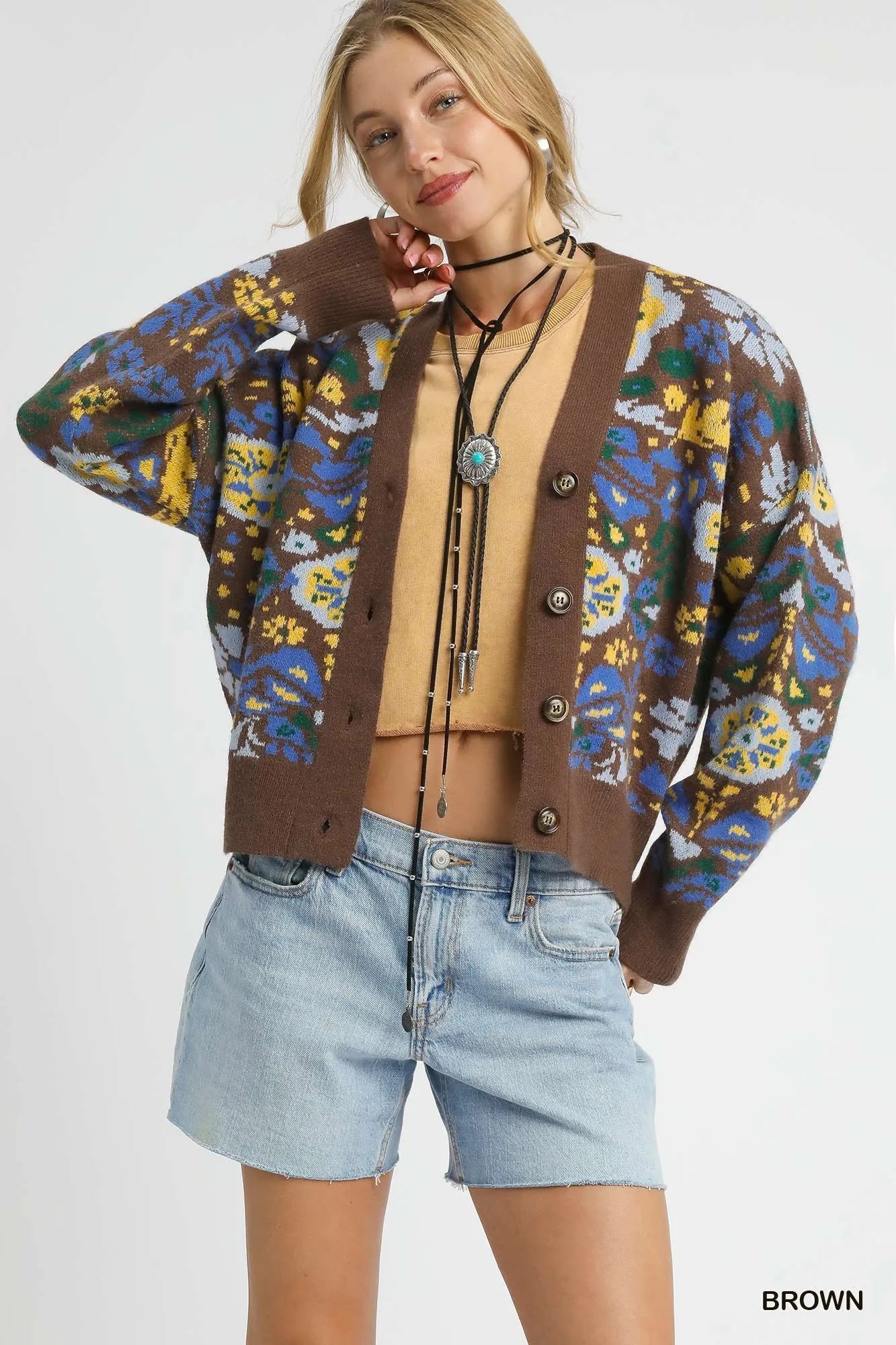 Umgee Floral Knit Button-Up Cardigan