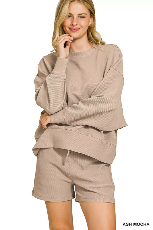 Zenana Ribbed Round Neck Pullover and Shorts Set