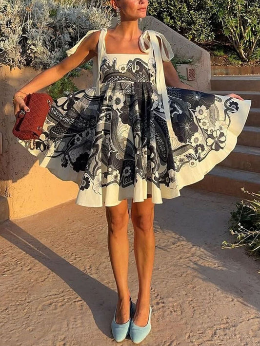 Printed Tie Shoulder Mini Dress