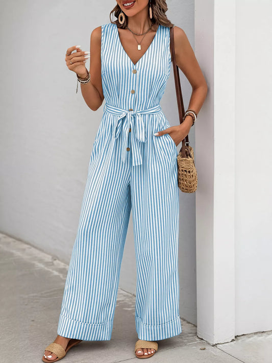 Striped Button-Front Tie Waist Wide Leg Jumpsuit