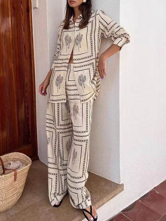 Cactus Print Button Up Shirt and Pants Set