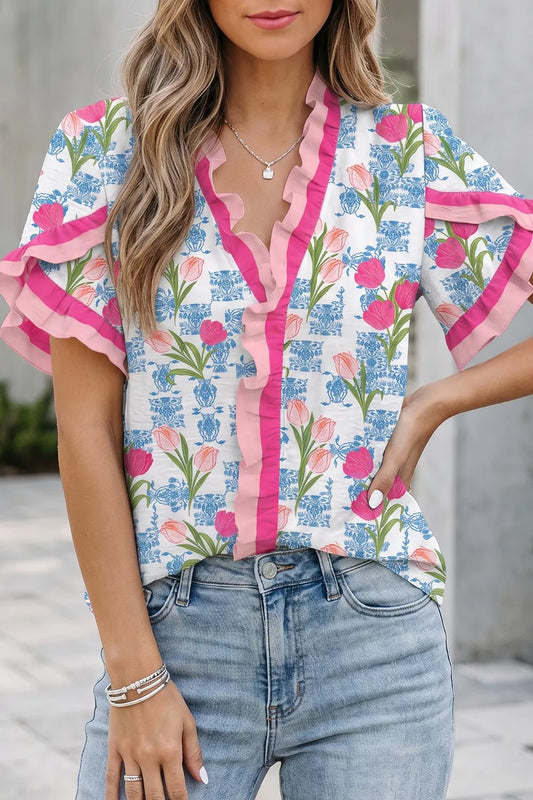 Floral Print Ruffle V-Neck Short Sleeve Loose Tunic Shirt