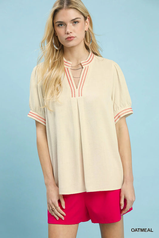 Umgee Embroidery Linen Puff Sleeve Blouse
