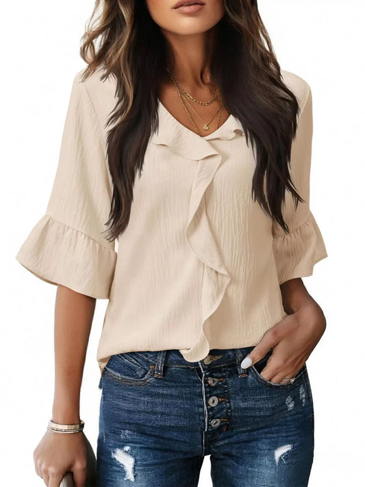 Ruffle Trim V-Neck Blouse
