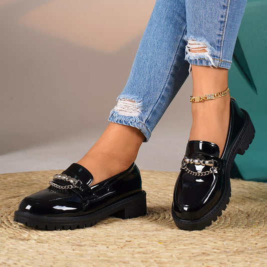 Chain Embellished Round Toe Loafers
