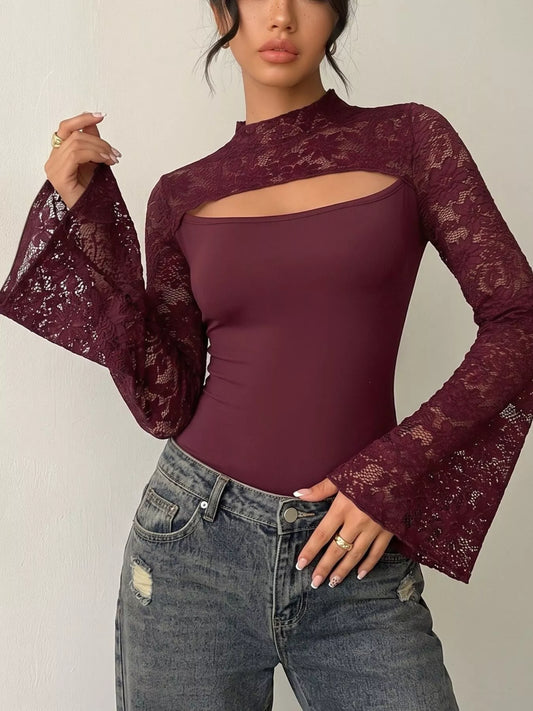Lace Cut-out Flare Sleeve Bodysuit