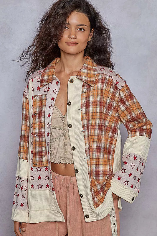 POL Plaid Contrast Button Down Shacket